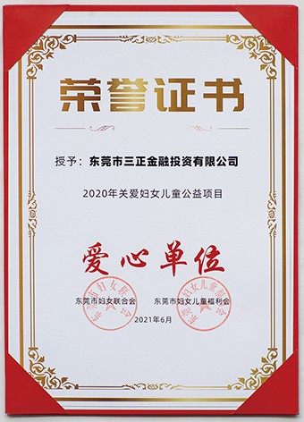 6月3日上午，東莞市婦聯(lián)聯(lián)合市委組織部、市直工委、市婦女兒童福利會共同啟動了2021年東莞市婦女兒童“黨群公益匯”活動。啟動議式上，三正金融投資公司被授予“愛心單位”榮譽(yù)證書。